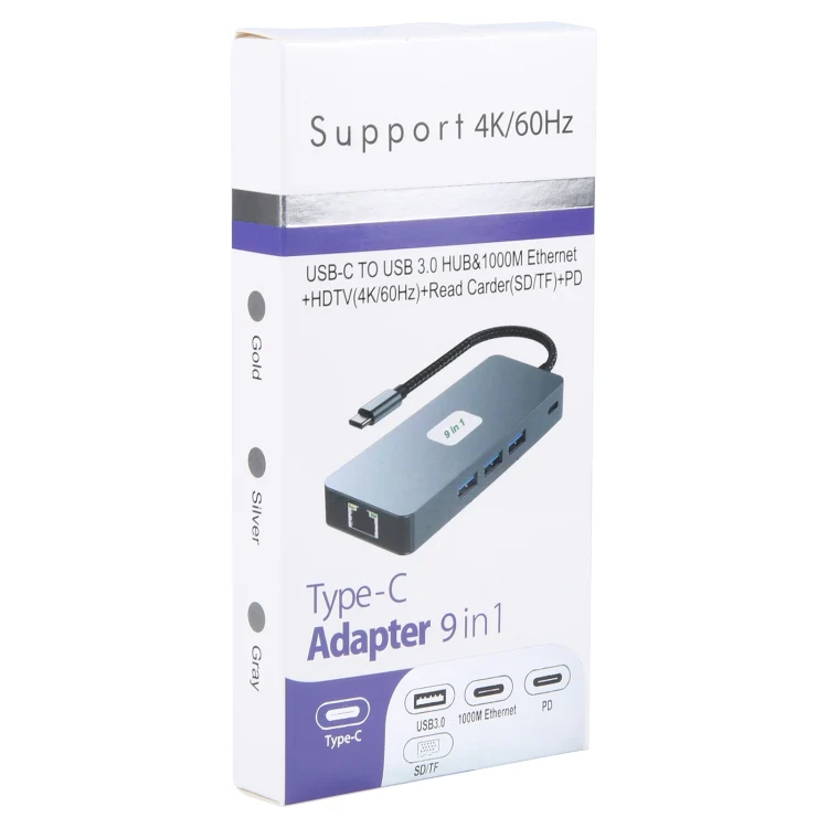 BYL-2318 9 in 1 USB-C / Type-C to USB3.0+Type-C+1000M Ethernet+HDTV+SD / TF Dual Card Slot Docking Station(Grey) - Image 7