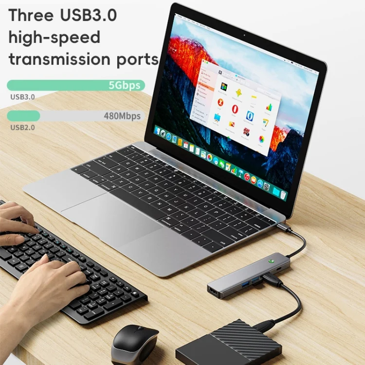 BYL-2319 5 in 1 USB-C / Type-C to USB3.0+USB-C / Type-C+HDTV Multi-function Docking Station(Grey) - Image 4