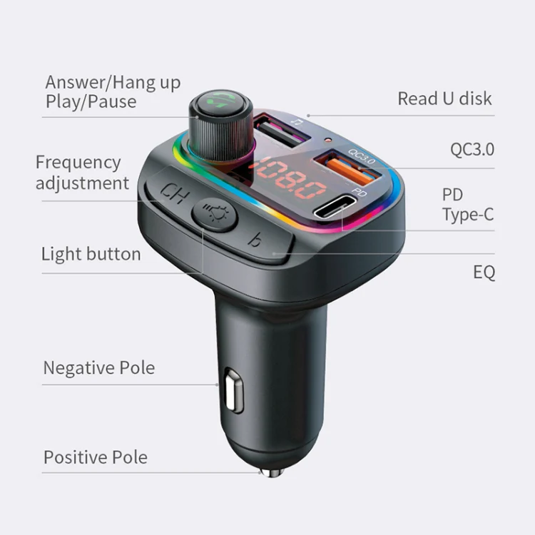 C14 Multifunctional Car Dual QC3.0+PD18W USB Charger Bluetooth FM Transmitter with Atmosphere Light - Image 2