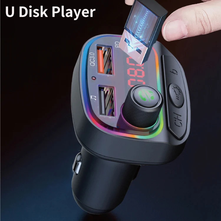C14 Multifunctional Car Dual QC3.0+PD18W USB Charger Bluetooth FM Transmitter with Atmosphere Light - Image 6