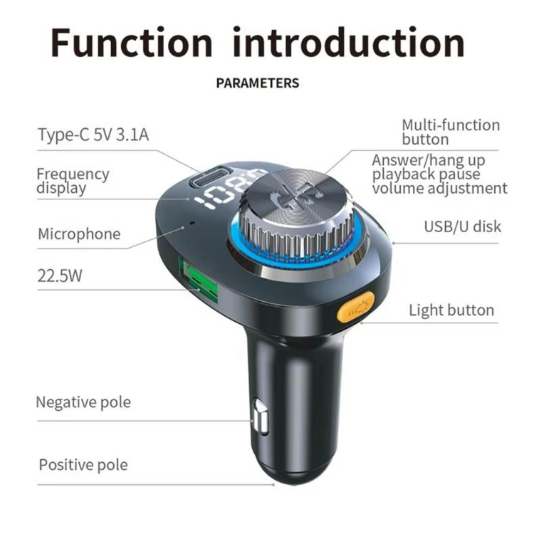 C18 Car Audio Receiver 3.1A Quick Charge USB Device BT 5.0 Color LED Backlight FM Transmitter - Image 5