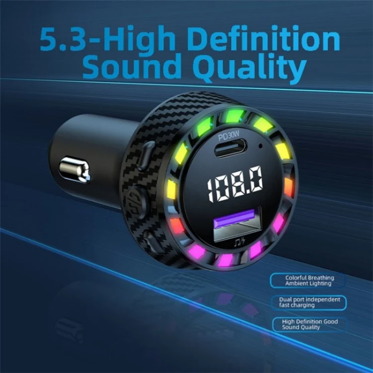 C55 With Breathing Light Bluetooth FM Transmitter USB+Type-C Car Fast Charger - Image 3