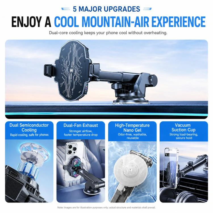 Car Phone Cooler Mount with Suction Cup & Telescopic Arm Semiconductor Cooling Holder with RGB(Black) - Image 8