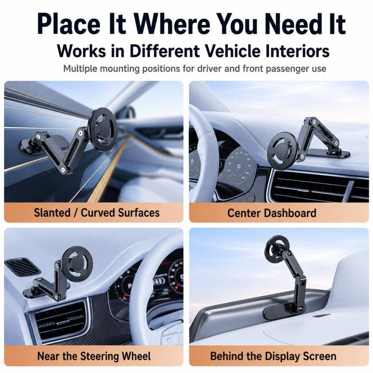 Car Phone Mount with Elongated Base Double-Jointed Holder for Curved Dashboard Solid Magnetic Head - Image 3