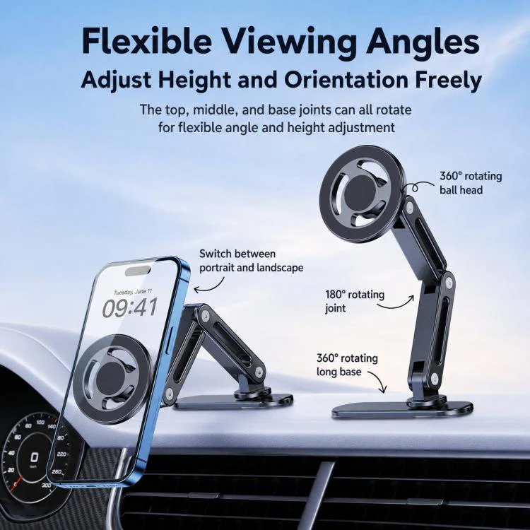 Car Phone Mount with Elongated Base Double-Jointed Holder for Curved Dashboard Solid Magnetic Head - Image 4