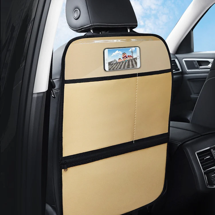 Car Seat Back Children Anti-kick Pad Back Rear Anti-dirty Universal Leather Protection Pad Storage Bag All Inclusive Version (Beige)