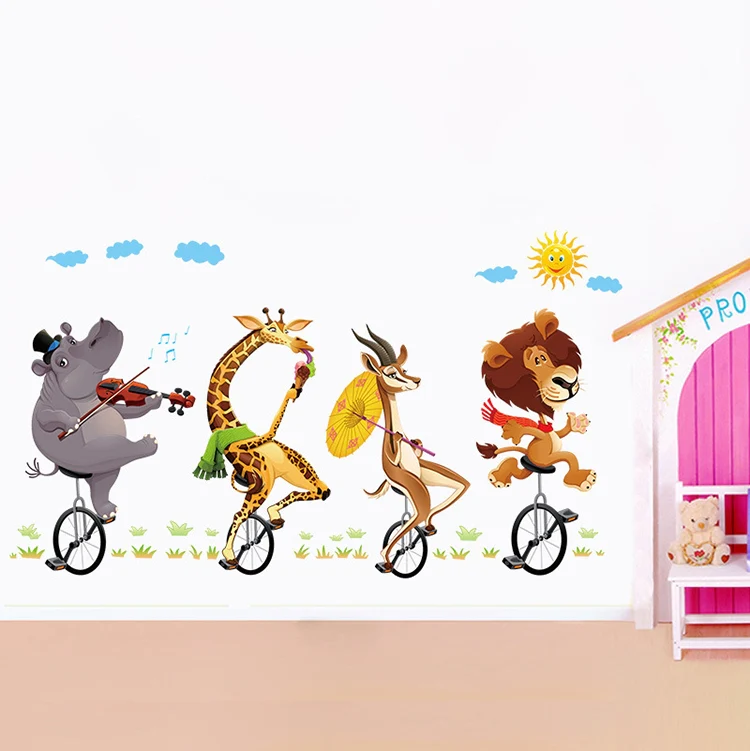 Cartoon Animal Bicyling Wall Sticker Lion Giraffe Sticker Children Room Bedroom Background Wall Ornament Stickers - Image 2