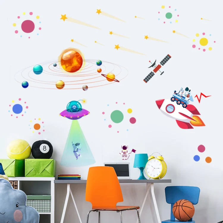 Cartoon Solar System UFO Astronaut Wall Sticker - Image 4