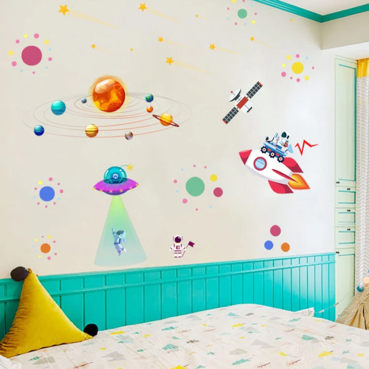 Cartoon Solar System UFO Astronaut Wall Sticker - Image 6