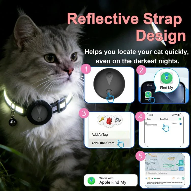 Cat Tracker Collar Compatible With Apple Find My Reflective Pet GPS Finder With Breakaway Safety Buckle & Bell(Orange) - Image 5