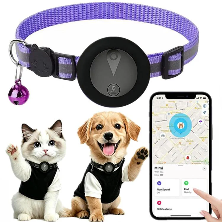 Cat Tracker Collar Compatible With Apple Find My Reflective Pet GPS Finder With Breakaway Safety Buckle & Bell(Purple)