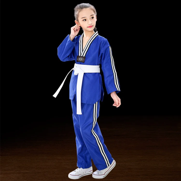 Child Adult Cotton Men And Women Taekwondo Clothing Training Uniforms, Size: 160(Plus Bar Blue)