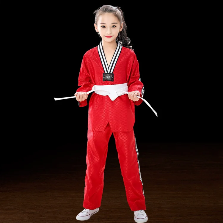 Child Adult Cotton Men And Women Taekwondo Clothing Training Uniforms, Size: 170(Plus Bar Red)