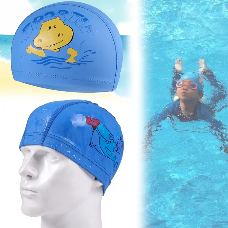Children Cartoon Hippo Pattern PU Coated Waterproof Swimming Cap, Pattern Random Delivery(Lack Blue) - Image 7