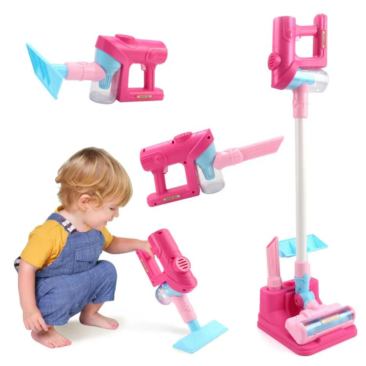 Children Pretend Play Electric Simulation Sound and Light Vacuum Cleaner with Base(Pink)