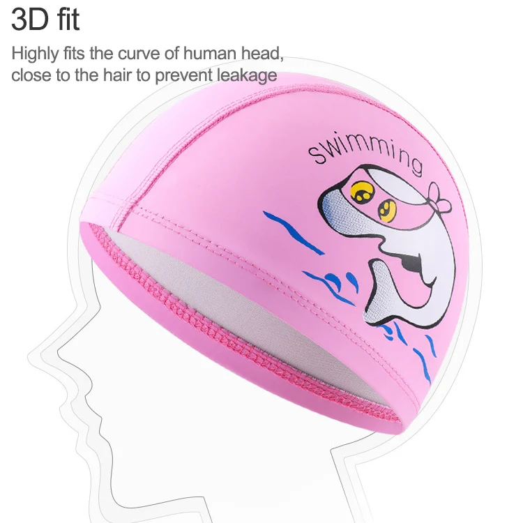 Children Swimming Cap PU Printed Cute Dolphin Pattern Elastic Swimming Cap(Dark Blue) - Image 3