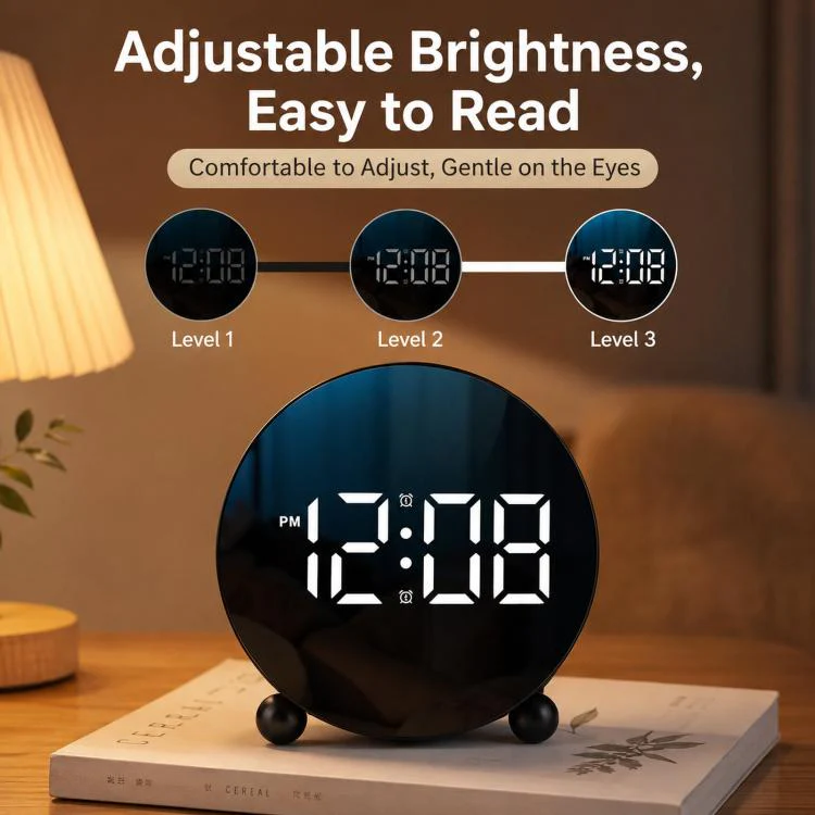 Circular LED Digital Alarm Clock Dimmable Bedside Desk Clock With Dual Alarms(White) - Image 4