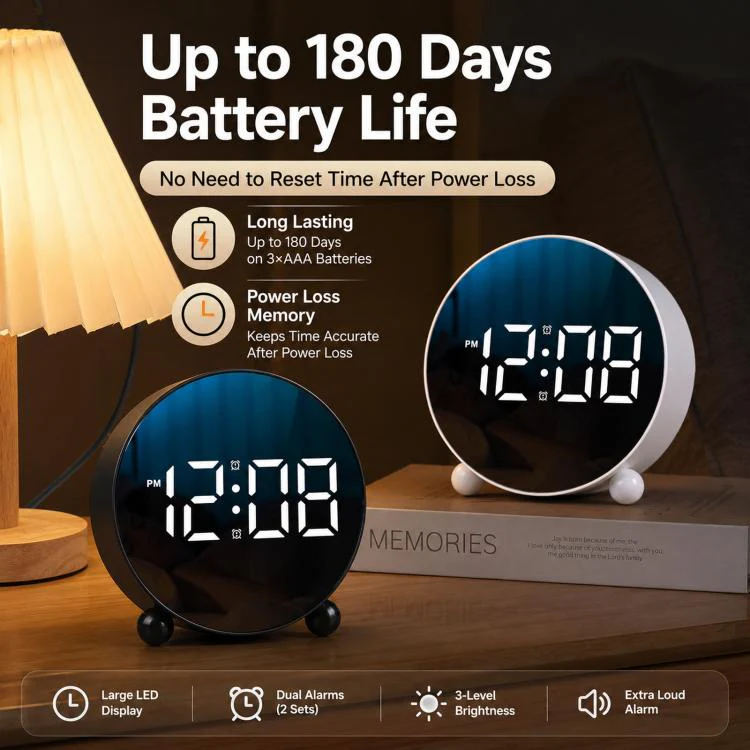 Circular LED Digital Alarm Clock Dimmable Bedside Desk Clock With Dual Alarms(White) - Image 5