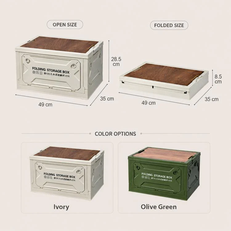 Collapsible Storage Bin with MDF Wooden Lid 5-Door Open Plastic Folding Storage Box Crate for Camping & Car Trunk 41 x 29 x 24.5cm(Grey White) - Image 11