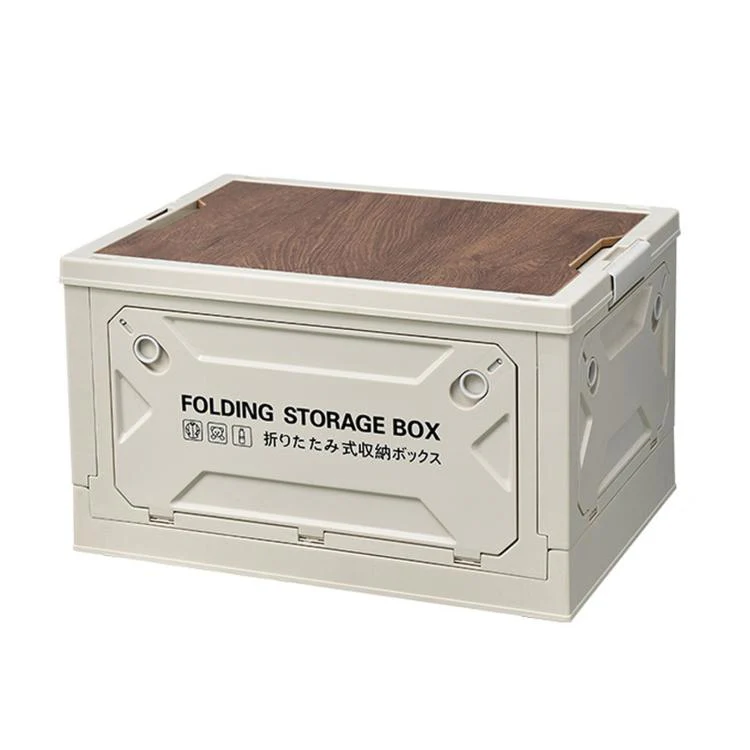 Collapsible Storage Bin with MDF Wooden Lid 5-Door Open Plastic Folding Storage Box Crate for Camping & Car Trunk 41 x 29 x 24.5cm(Grey White) - Image 2