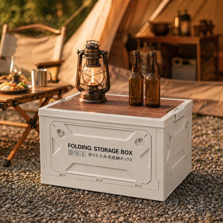 Collapsible Storage Bin with MDF Wooden Lid 5-Door Open Plastic Folding Storage Box Crate for Camping & Car Trunk 49 x 35 x 29cm(Grey White)