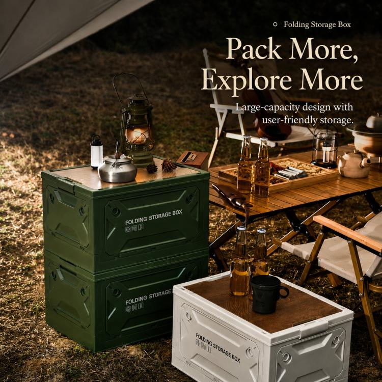 Collapsible Storage Bin with MDF Wooden Lid 5-Door Open Plastic Folding Storage Box Crate for Camping & Car Trunk 49 x 35 x 29cm(Grey White) - Image 3
