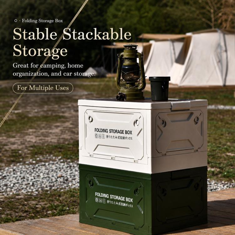Collapsible Storage Bin with MDF Wooden Lid 5-Door Open Plastic Folding Storage Box Crate for Camping & Car Trunk 49 x 35 x 29cm(Grey White) - Image 8