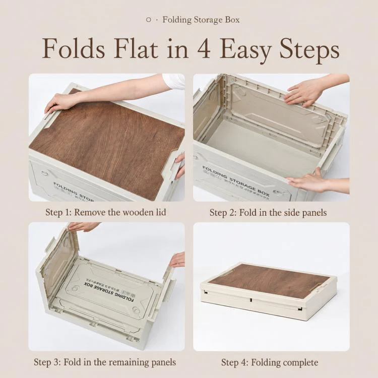 Collapsible Storage Bin with MDF Wooden Lid 5-Door Open Plastic Folding Storage Box Crate for Camping & Car Trunk 49 x 35 x 29cm(Grey White) - Image 9