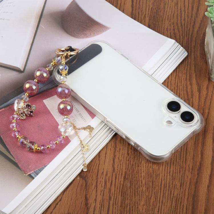 Colorful Flower Beaded Phone Charm Wrist Strap with Tether Pad for Women Girls(Purple) - Image 6