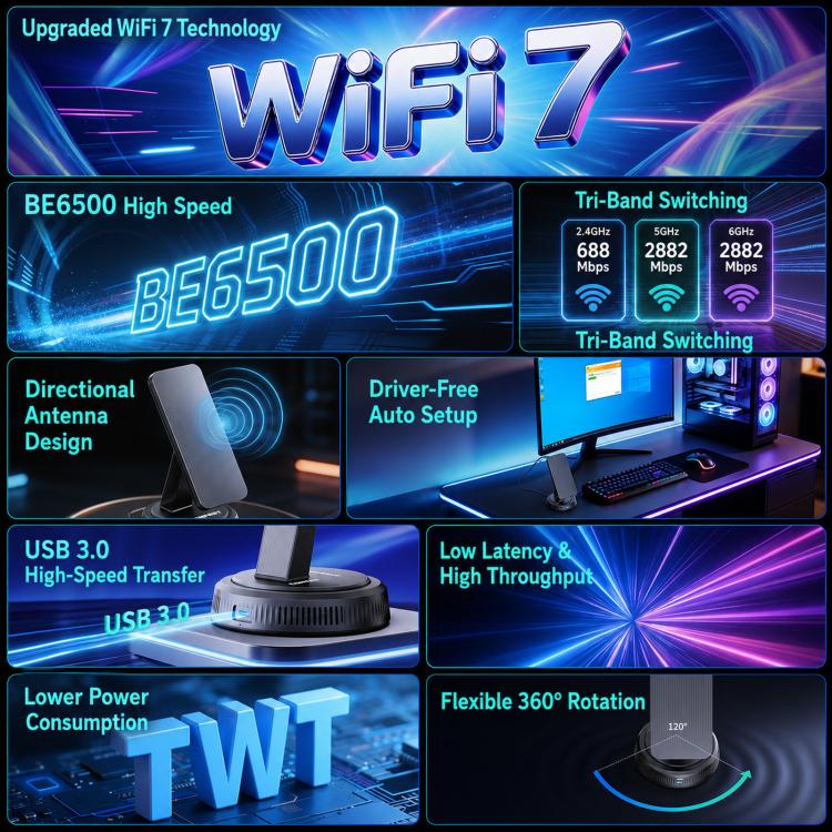 COMFAST CF-986BE PRO BE6500 WiFi 7 USB Adapter Tri-Band 6452Mbps Wireless Network Card - Image 5