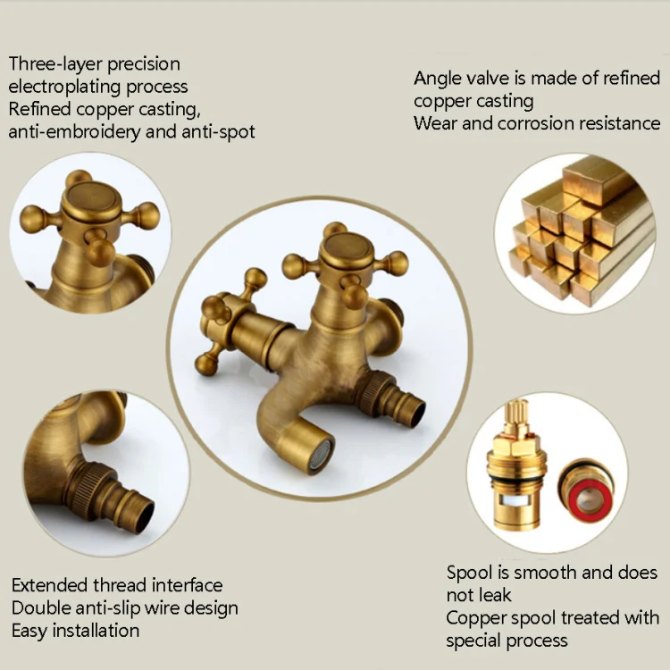 Copper Antique Washing Machine Faucet one Point two Pairs Single Cold 4 Points Faucet - Image 5