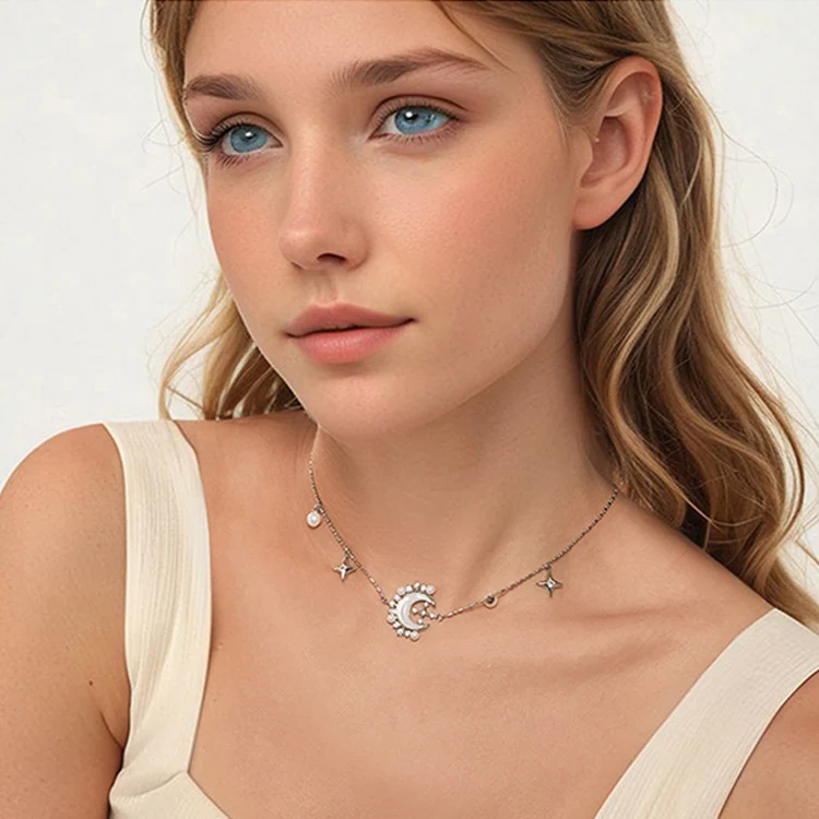 Copper Material Elegant Star Moon Pearl Necklace(YIN115) - Image 6