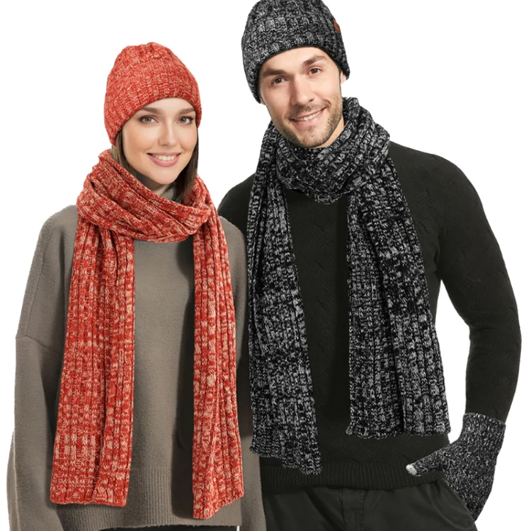 Couple Winter Hat Scarf Gloves 3 In 1 Set Thick Wool Knitted Warm Set(Black) - Image 3