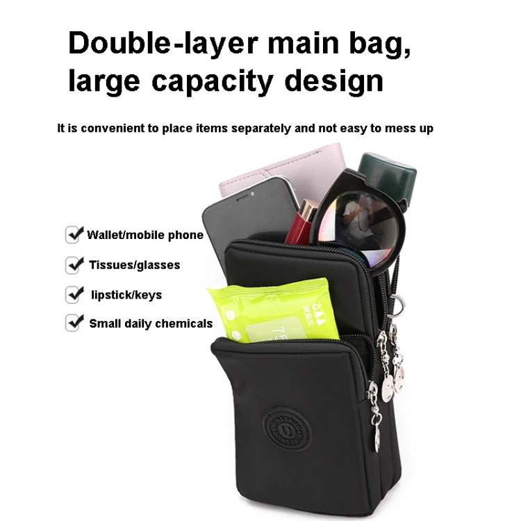 Crossbody Mobile Phone Bag Vertical Wallet Arm Bag With Headphone Hole(Black) - Image 4