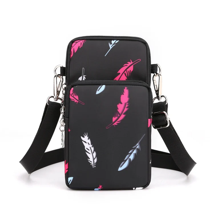 Crossbody Mobile Phone Bag Vertical Wallet Arm Bag With Headphone Hole(Black Feather)