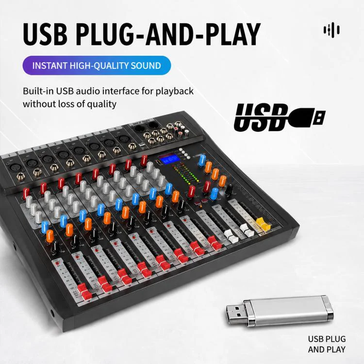 CT-8 8-Channel Professional Bluetooth Mixer USB Sound Card, Plug Type:EU Plug(Black Grey) - Image 8