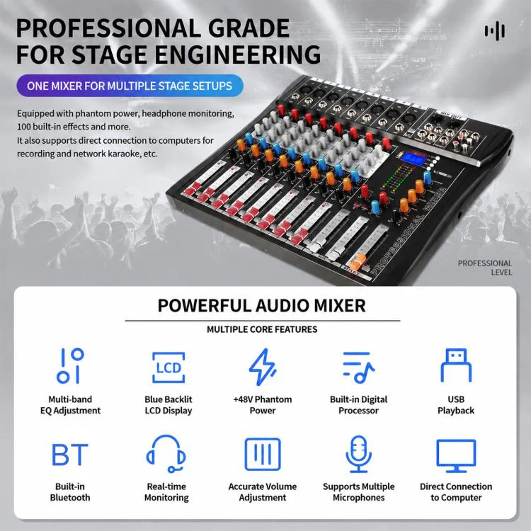 CT-8 8-Channel Professional Bluetooth Mixer USB Sound Card, Plug Type:US Plug(Black Grey) - Image 5