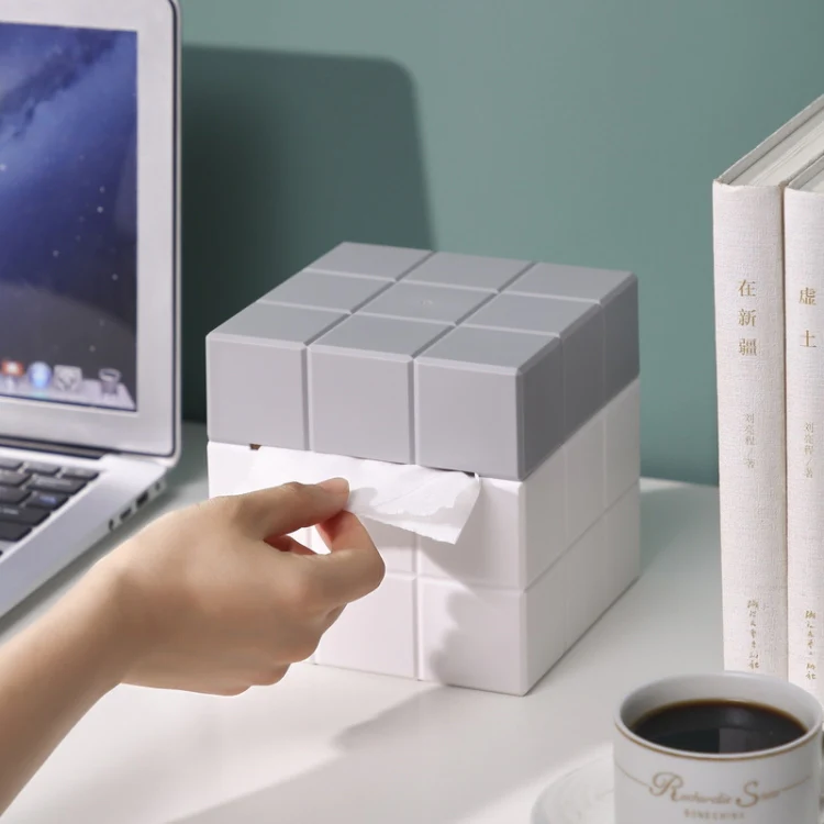 Cube Tissue Box Desktop Storage Box(White+Blue) - Image 3