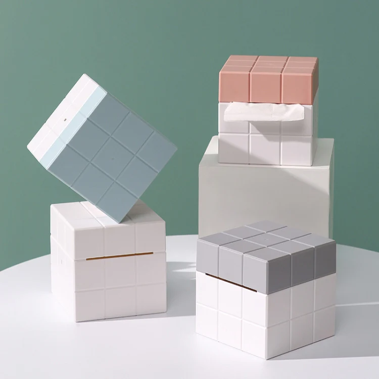 Cube Tissue Box Desktop Storage Box(White+Blue) - Image 4