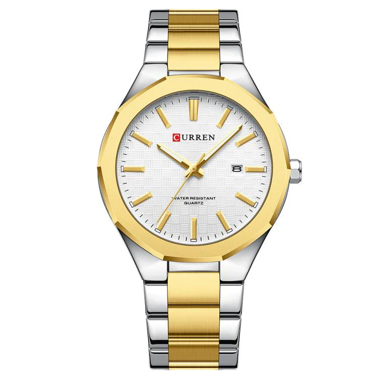 Curren Business Steel Band Calendar Men Quartz Watch(Gold White)