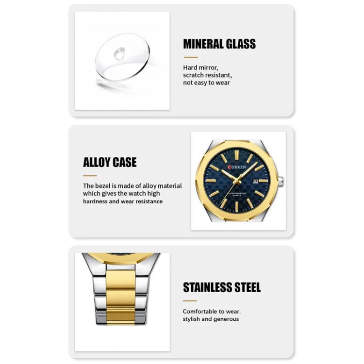 Curren Business Steel Band Calendar Men Quartz Watch(Gold White) - Image 4