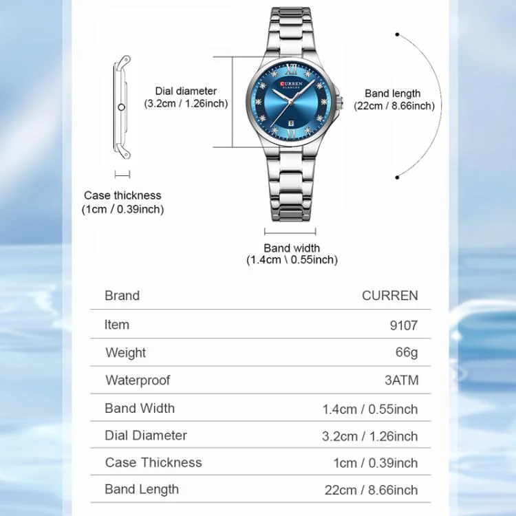 Curren Casual Steel Strap Ladies Calendar Watch(White Case Blue) - Image 3