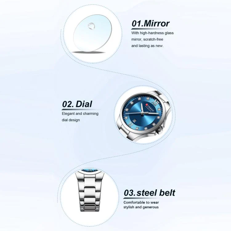 Curren Casual Steel Strap Ladies Calendar Watch(White Case Blue) - Image 4