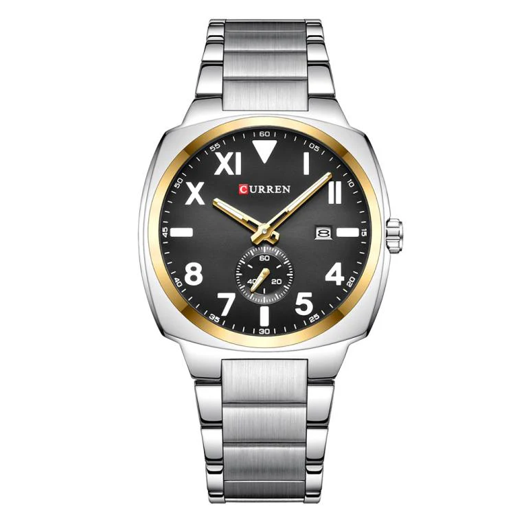 Curren Men Steel Band Calendar Business Quartz Watch(Gold Ring Black)