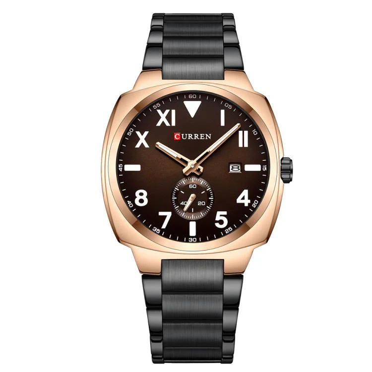 Curren Men Steel Band Calendar Business Quartz Watch(Rose Shell Coffee)