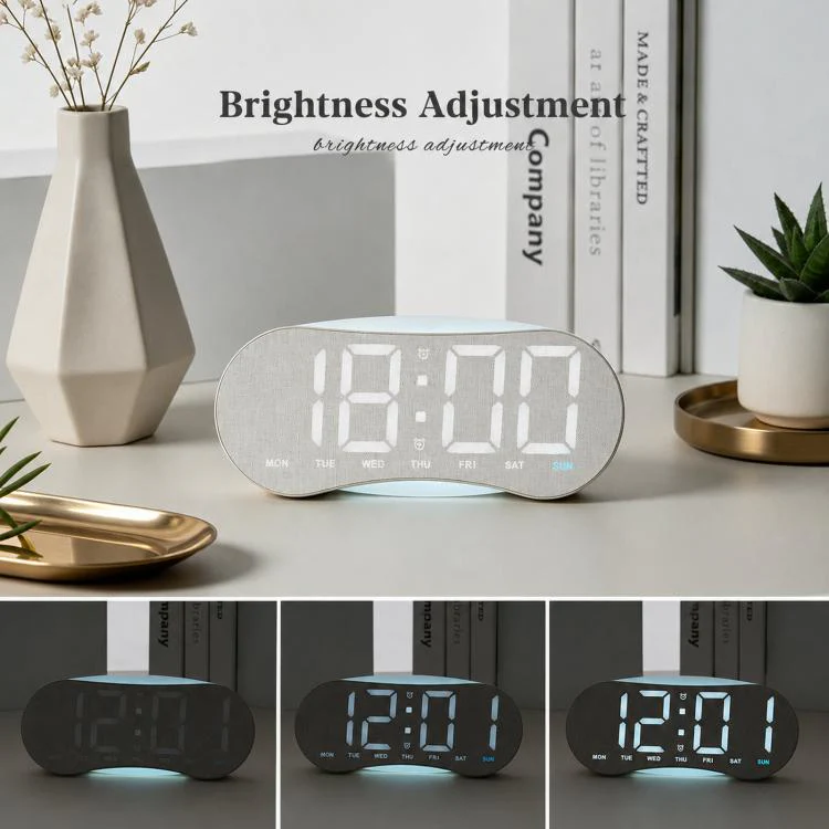 Curved LED Digital Wall Clock Large Display Desk Clock with Ambient Night Light, Day Date Temperature Dimmable for Bedroom Office(GH8060 Grey B Fabric Texture) - Image 6