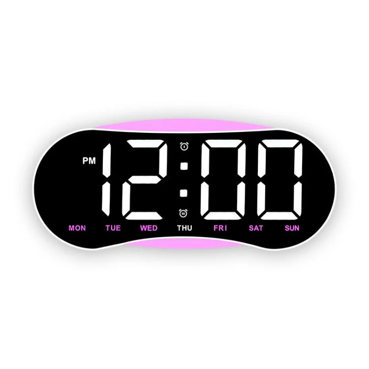 Curved LED Digital Wall Clock Large Display Desk Clock with Ambient Night Light, Day Date Temperature Dimmable for Bedroom Office(GH9032 White Shell Pink Light)