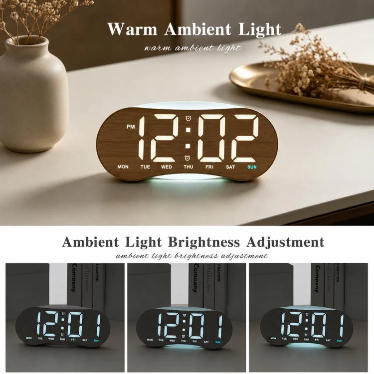 Curved LED Digital Wall Clock Large Display Desk Clock with Ambient Night Light, Day Date Temperature Dimmable for Bedroom Office(GH9032 White Shell White Light) - Image 5