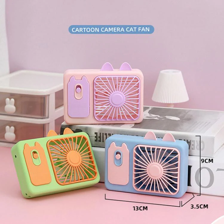 Cute Cartoon Kitten Camera Handheld Large Wind Rechargeable Fan With Stand Desktop Fan(Green) - Image 3