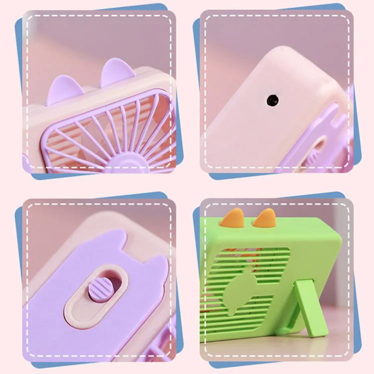 Cute Cartoon Kitten Camera Handheld Large Wind Rechargeable Fan With Stand Desktop Fan(Green) - Image 9